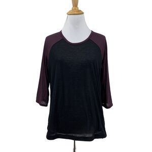 Sweaty Betty Top Womens S Small Purple/Black Semi Sheer Crew Neck 3/4 Sleeves